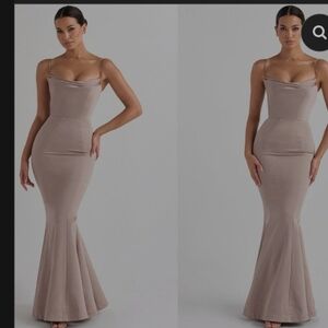 House of CB Violette Mushroom Satin Fishtail Maxi Dress